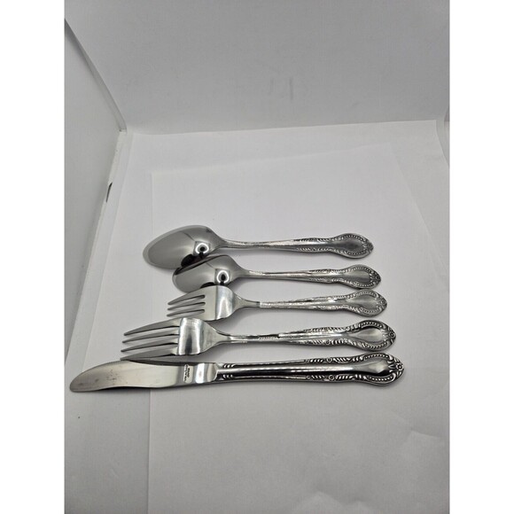Vintage Stainless Flatware Spoon Knife Fork Columbia Japan Beaded Edge Set of 20 - Picture 7 of 10